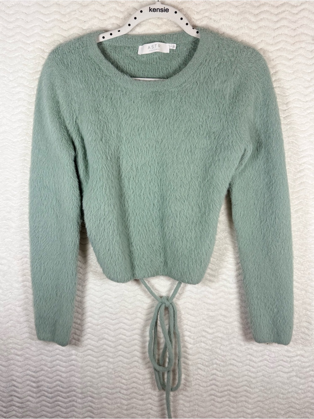 Astr Sage Green Fuzzy Tie-Front Sweater. Such a fun top!! 🧡🤩 open back 😎